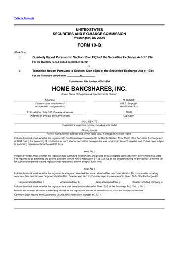 Thumbnail Home BancShares
 10-Q Quarterly Report FY2011 