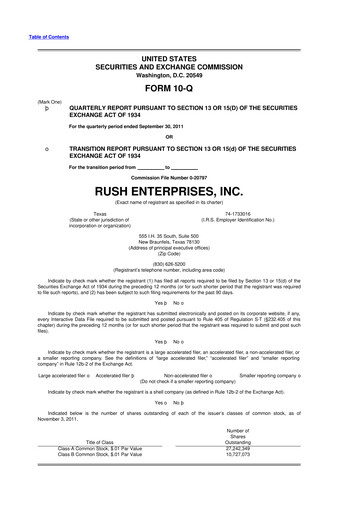 Thumbnail Rush Enterprises
 10-Q Quarterly Report FY2011 