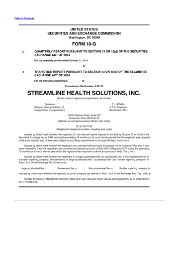 Thumbnail Streamline Health Solutions 10-Q Quarterly Report FY2011 