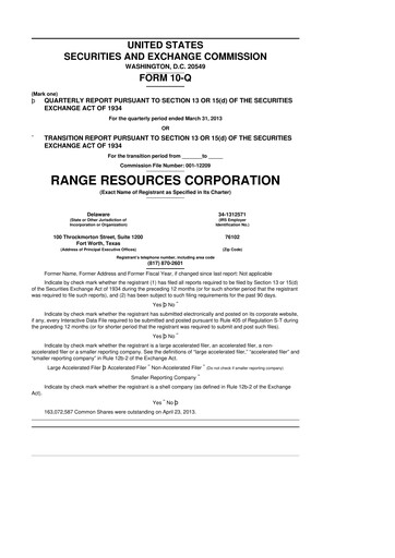 Thumbnail Range Resources
 10-Q Quarterly Report FY2013 