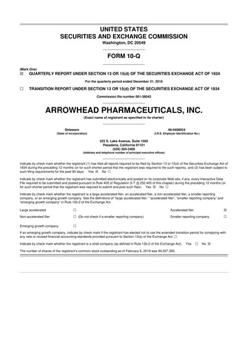 Thumbnail Arrowhead Pharmaceuticals
 10-Q Quarterly Report FY2019 