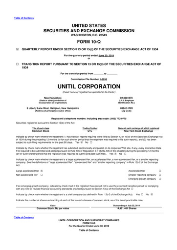 Miniature Unitil Corporation
 10-Q Rapport trimestriel 2019 