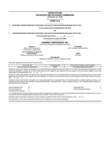 Thumbnail Assembly Biosciences 10-Q Quarterly Report FY2019 