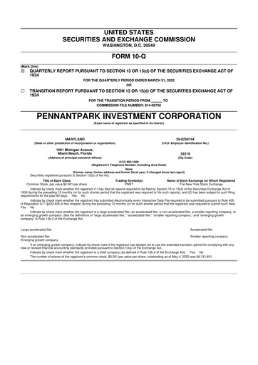 Thumbnail PennantPark Investment 10-Q Quarterly Report FY 