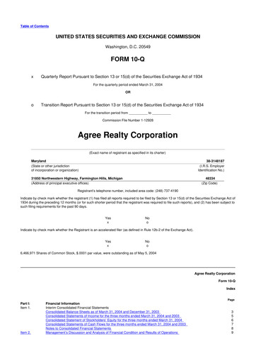 Thumbnail Agree Realty
 10-Q Quarterly Report FY 
