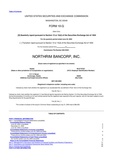 Thumbnail Northrim BanCorp 10-Q Quarterly Report FY 