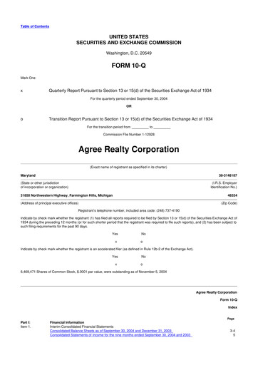 Thumbnail Agree Realty
 10-Q Quarterly Report FY 