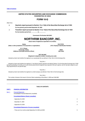 Thumbnail Northrim BanCorp 10-Q Quarterly Report FY 