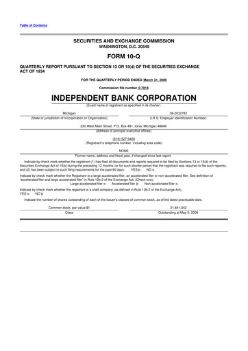 Thumbnail Independent Bank Corporation 10-Q Quarterly Report FY 
