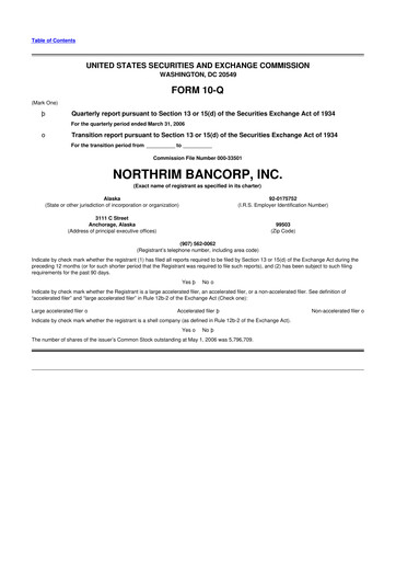 Thumbnail Northrim BanCorp 10-Q Quarterly Report FY 