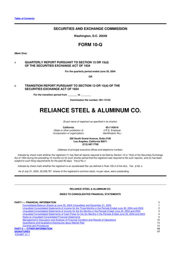 Thumbnail Reliance


 10-Q Quarterly Report FY 