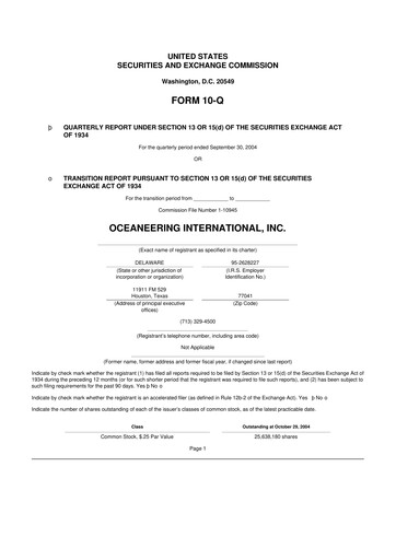 Miniature Oceaneering International
 10-Q Rapport trimestriel  