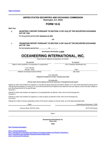 Miniature Oceaneering International
 10-Q Rapport trimestriel  