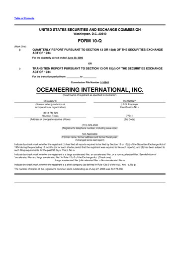Miniature Oceaneering International
 10-Q Rapport trimestriel  