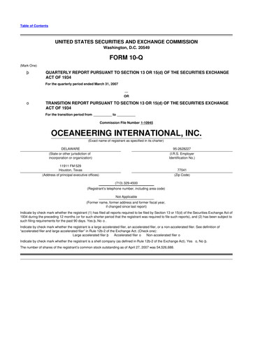 Miniature Oceaneering International
 10-Q Rapport trimestriel  