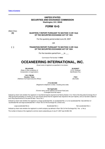 Miniature Oceaneering International
 10-Q Rapport trimestriel  