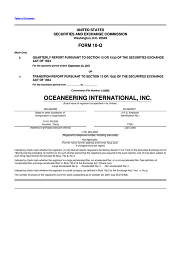 Miniature Oceaneering International
 10-Q Rapport trimestriel  