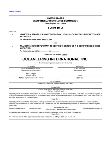 Miniature Oceaneering International
 10-Q Rapport trimestriel  