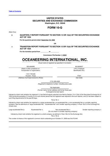 Miniature Oceaneering International
 10-Q Rapport trimestriel  