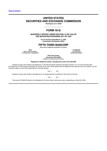 Thumbnail Fifth Third Bank
 10-Q Quarterly Report FY 