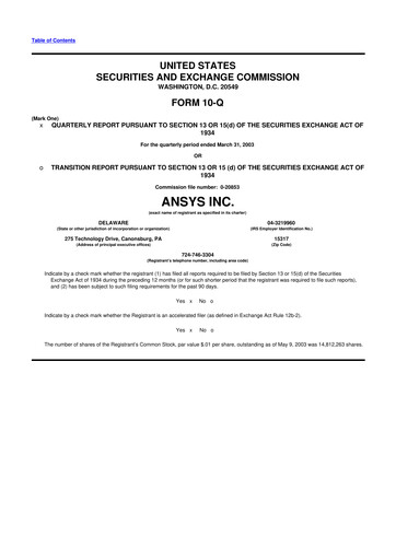 Thumbnail Ansys 10-Q Quarterly Report FY 