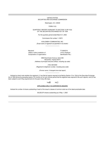 Thumbnail AvalonBay Communities 10-Q Quarterly Report FY 