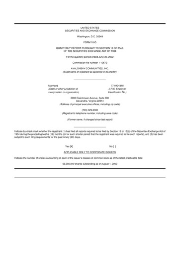 Thumbnail AvalonBay Communities 10-Q Quarterly Report FY 