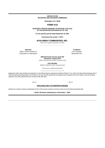 Thumbnail AvalonBay Communities 10-Q Quarterly Report FY 