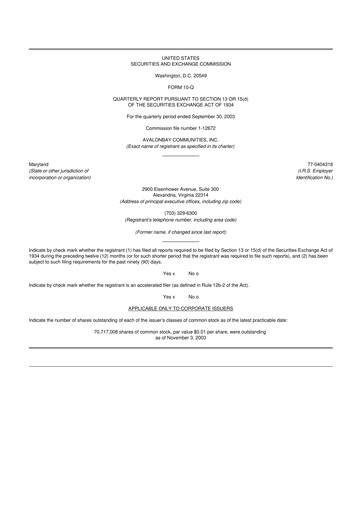 Thumbnail AvalonBay Communities 10-Q Quarterly Report FY 