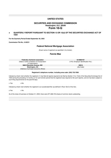 Miniature Fannie Mae
 10-Q Rapport trimestriel  