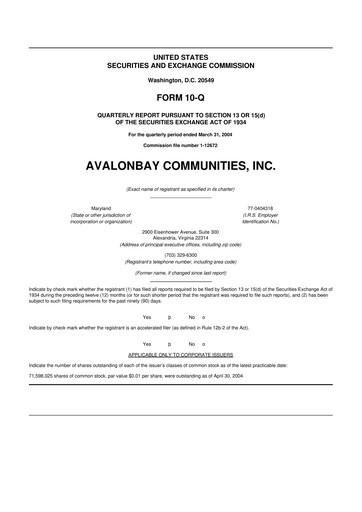 Thumbnail AvalonBay Communities 10-Q Quarterly Report FY 