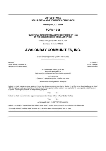Thumbnail AvalonBay Communities 10-Q Quarterly Report FY 