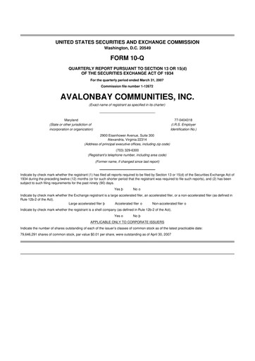 Thumbnail AvalonBay Communities 10-Q Quarterly Report FY 