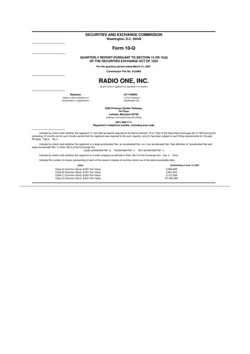 Miniature Urban One
 10-Q Rapport trimestriel  