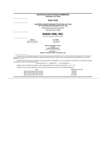 Miniature Urban One
 10-Q Rapport trimestriel  