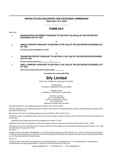 Thumbnail Sify Technologies 
 20-F Annual Report 