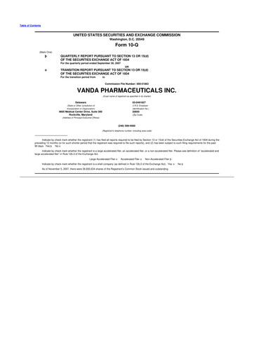Thumbnail Vanda Pharmaceuticals 10-Q Quarterly Report FY 
