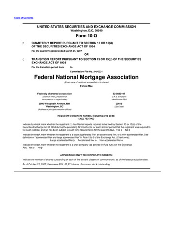 Miniature Fannie Mae
 10-Q Rapport trimestriel  