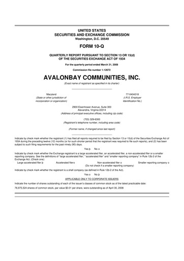 Thumbnail AvalonBay Communities 10-Q Quarterly Report FY 