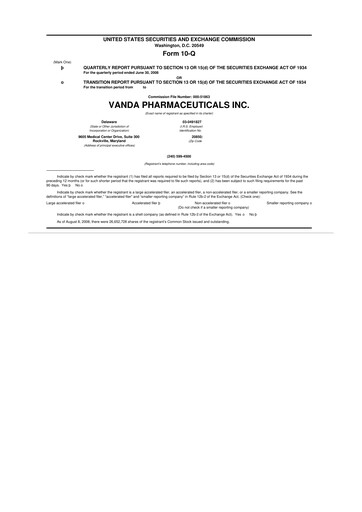 Thumbnail Vanda Pharmaceuticals 10-Q Quarterly Report FY 