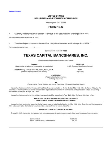 Thumbnail Texas Capital Bancshares 10-Q Quarterly Report FY 