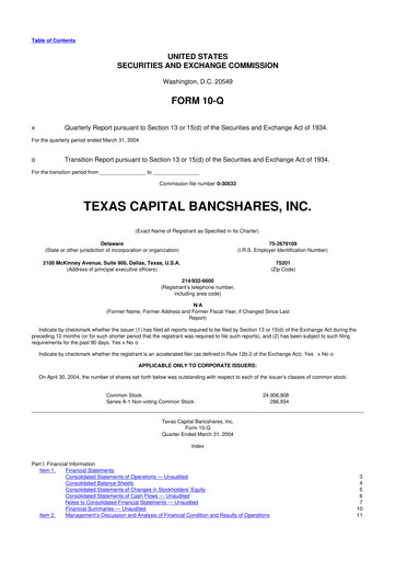 Thumbnail Texas Capital Bancshares 10-Q Quarterly Report FY 