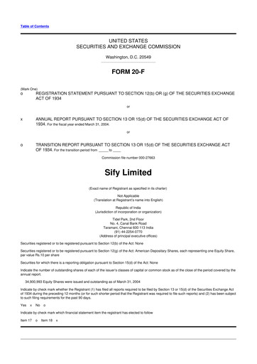 Thumbnail Sify Technologies 
 20-F Annual Report 