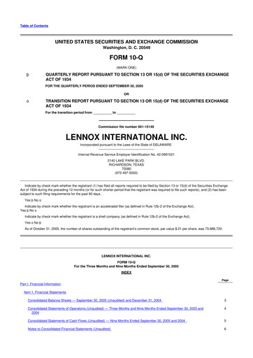 Thumbnail Lennox 10-Q Quarterly Report FY 