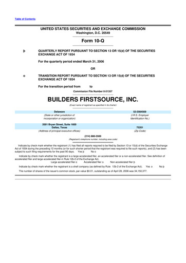 Thumbnail Builders FirstSource
 10-Q Quarterly Report FY 
