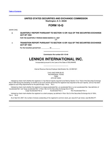 Thumbnail Lennox 10-Q Quarterly Report FY 