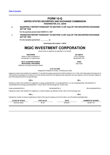 Thumbnail MGIC Investment
 10-Q Quarterly Report FY 