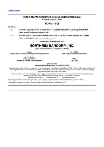 Thumbnail Northrim BanCorp 10-Q Quarterly Report FY 