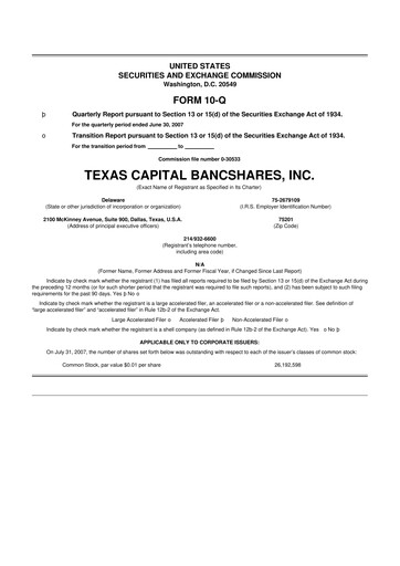 Thumbnail Texas Capital Bancshares 10-Q Quarterly Report FY 