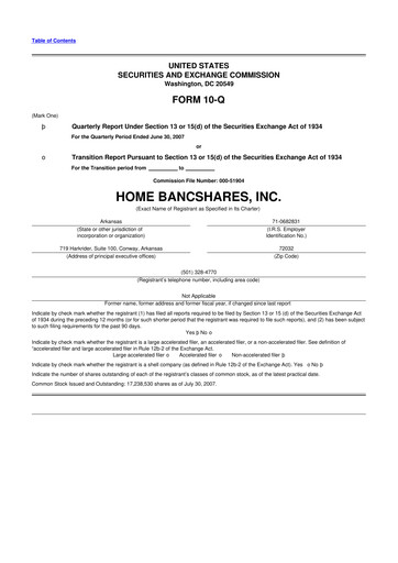 Thumbnail Home BancShares
 10-Q Quarterly Report FY 